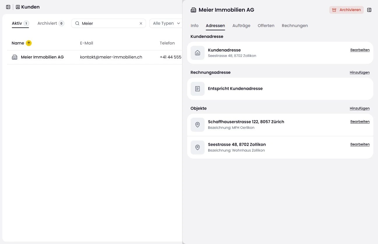Kundenansicht mit Kontaktdaten und verknüpften Vorgängen